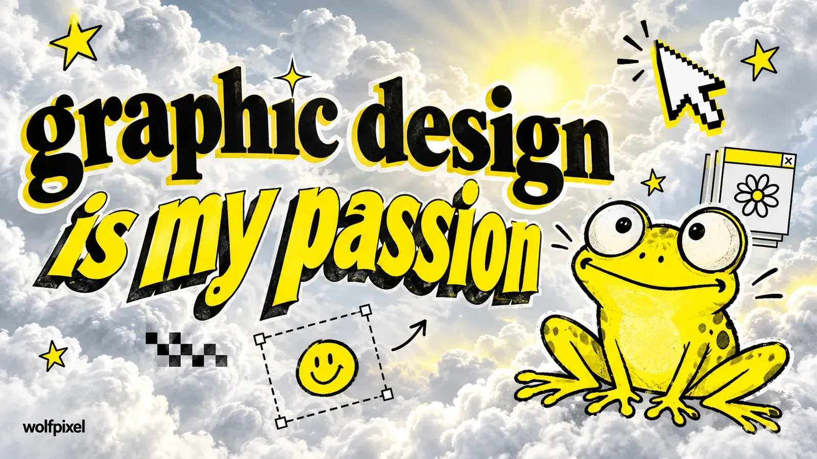 Graphic design meme hero banner with a yellow cartoon frog, cloudy sky and graphic design is my passion text