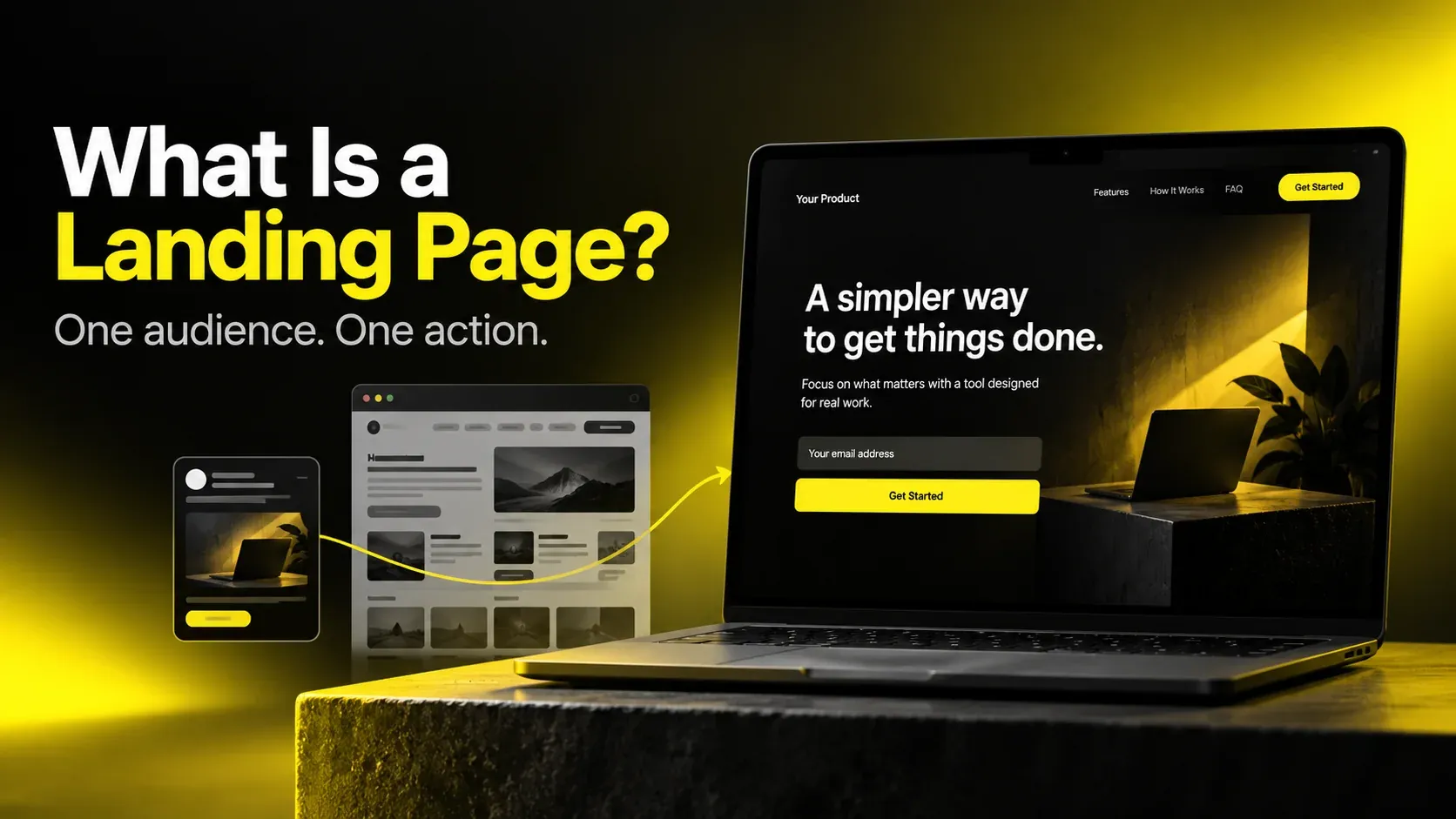 Focused landing page compared with a multi-link homepage in an illustrative laptop mockup