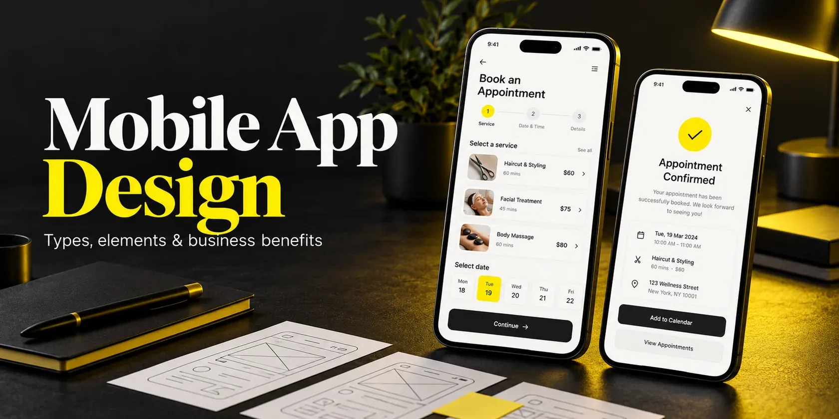 Mobile app design hero with booking and confirmation screens on phones in Wolfpixel yellow and charcoal.