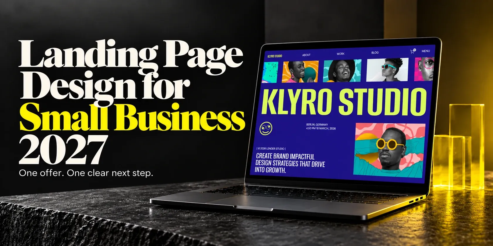 Landing Page Design for Small Business 2027 cover featuring Wolfpixel’s Klyro Studio website on a laptop.