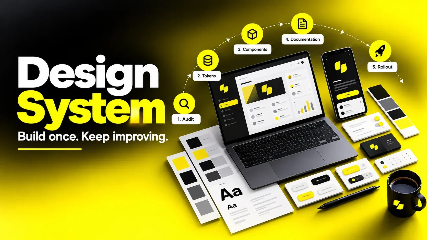 Layered design-system hero showing design tokens, reusable UI components and cohesive product screens