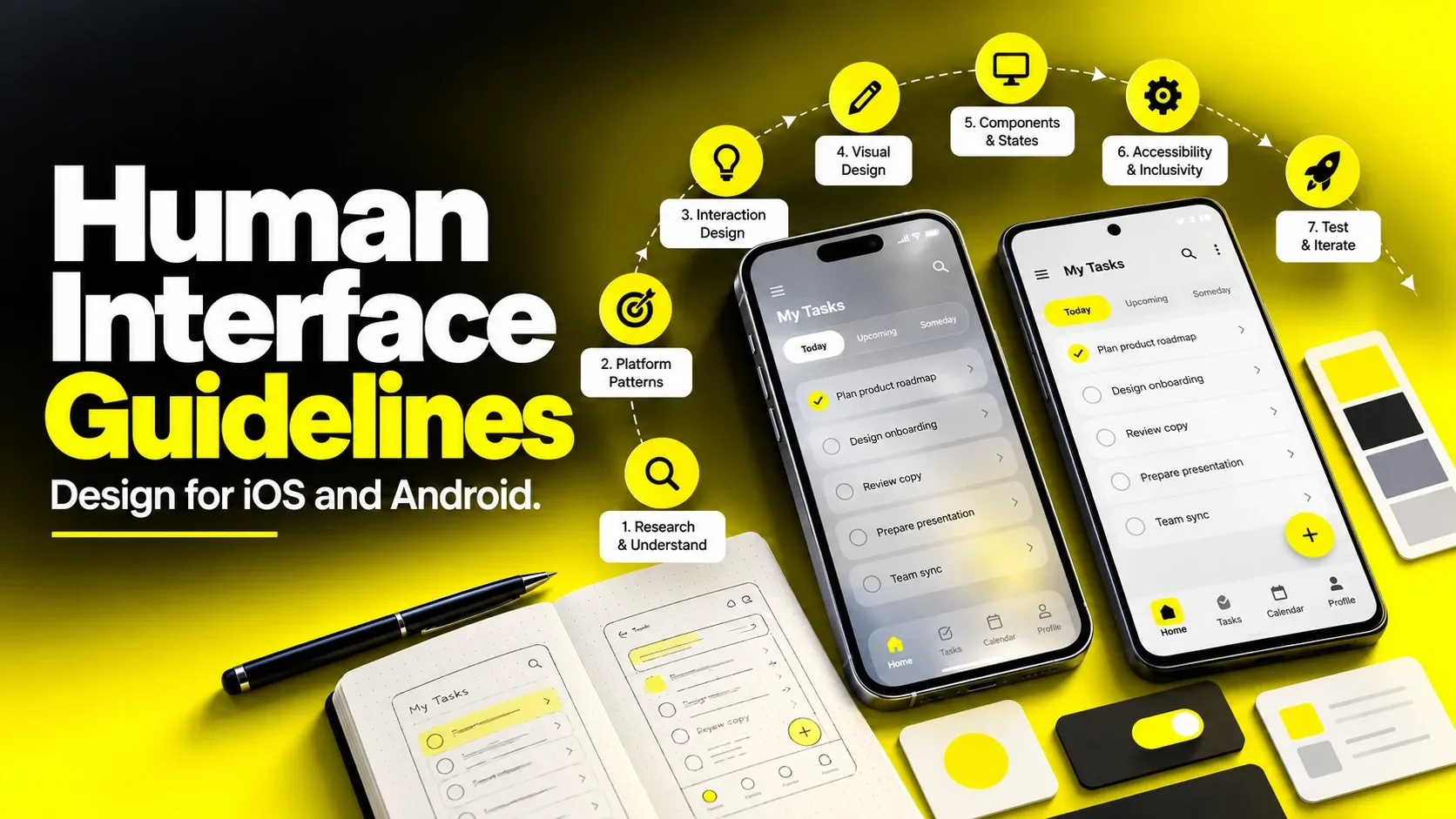 Black-and-yellow Human Interface Guidelines hero with conceptual iOS and Android app screens
