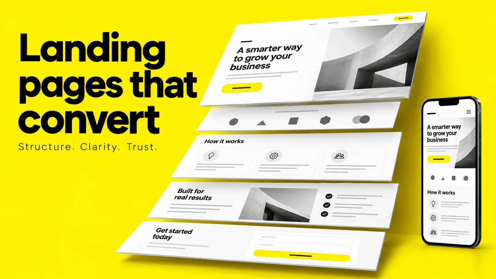 Landing page best practices illustrated with exploded page sections and a matching mobile layout