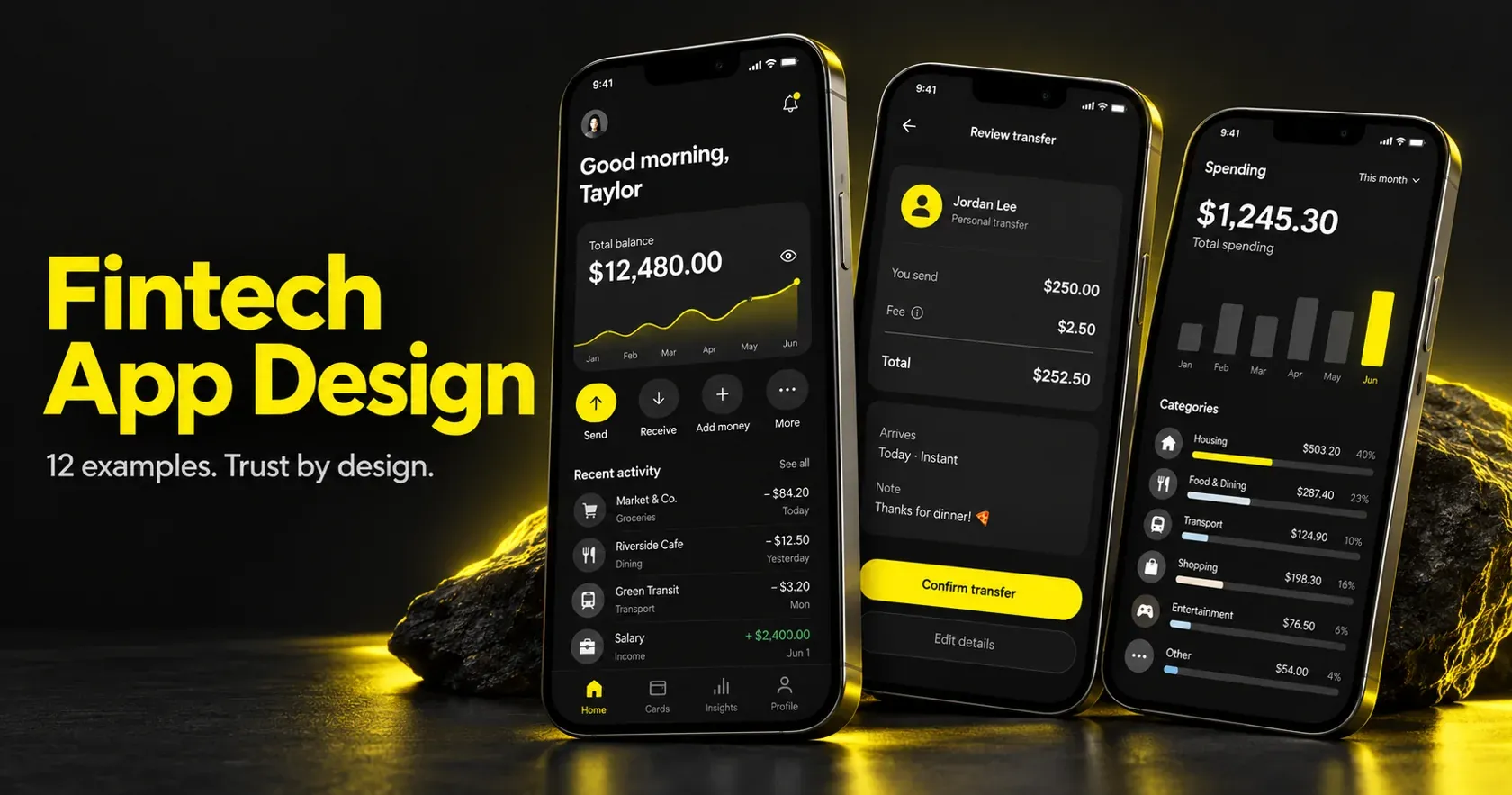 Illustrative fintech app design with balance, transfer review and spending screens on three phones against a black and yellow background