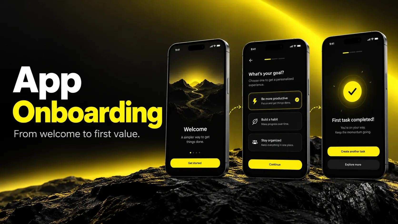 Three app onboarding phone screens showing welcome goal selection and first task completion