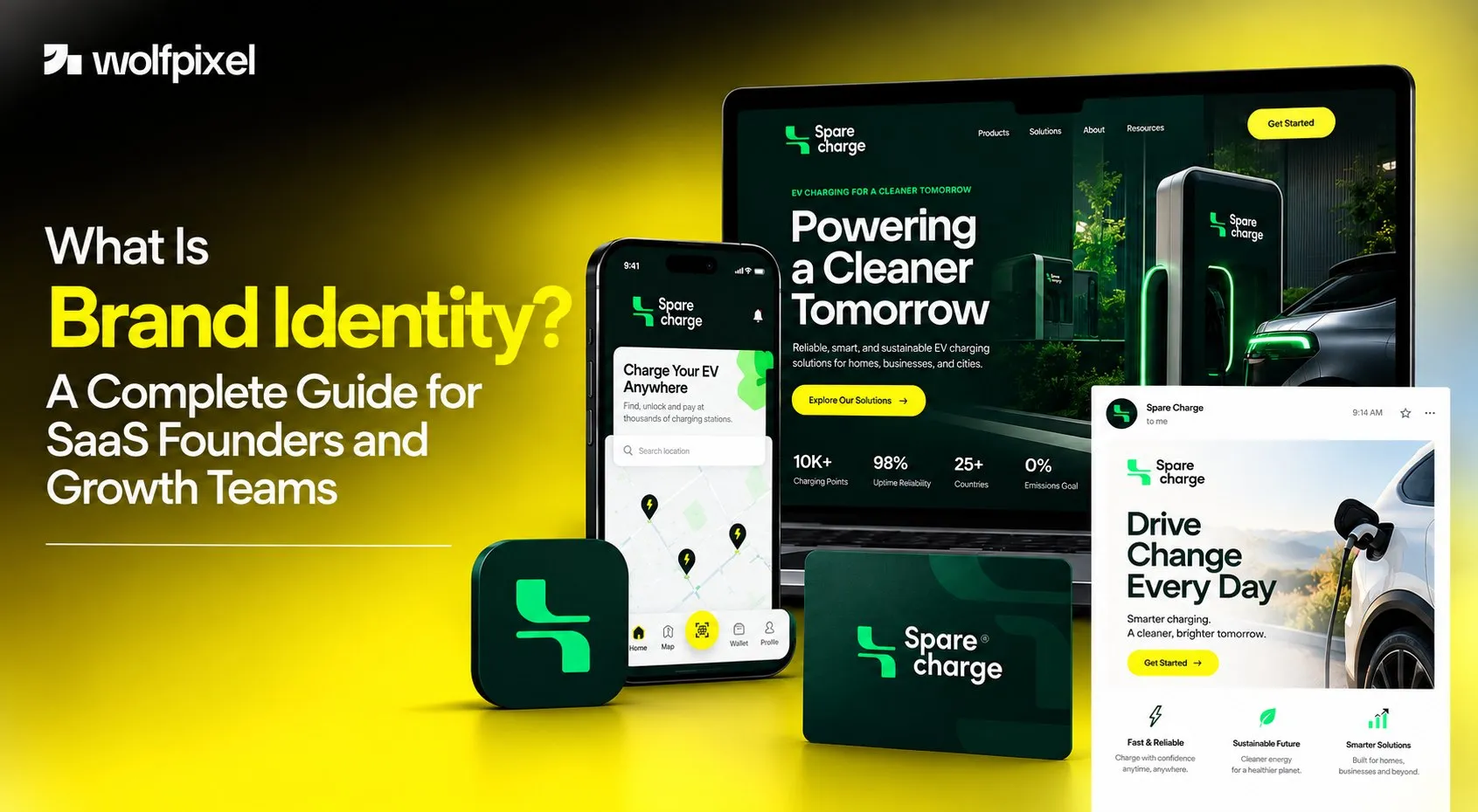 Brand identity applied consistently across website, product UI, app icon, and email touchpoints.