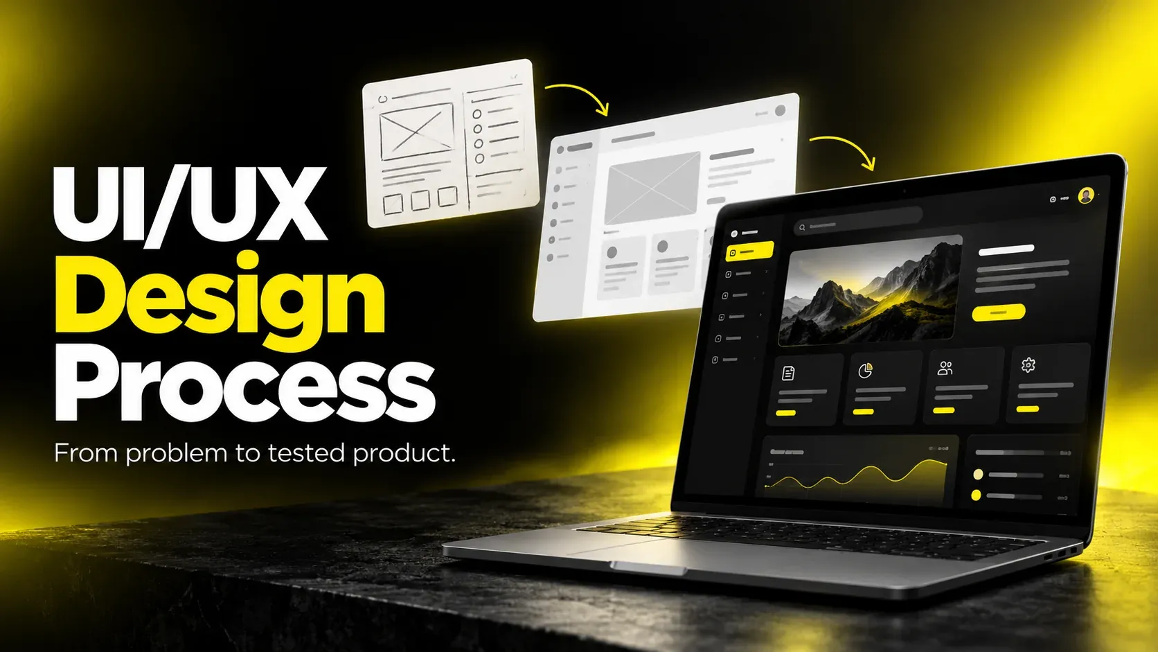 Illustrative UI UX design process from sketch to wireframe to a finished SaaS interface