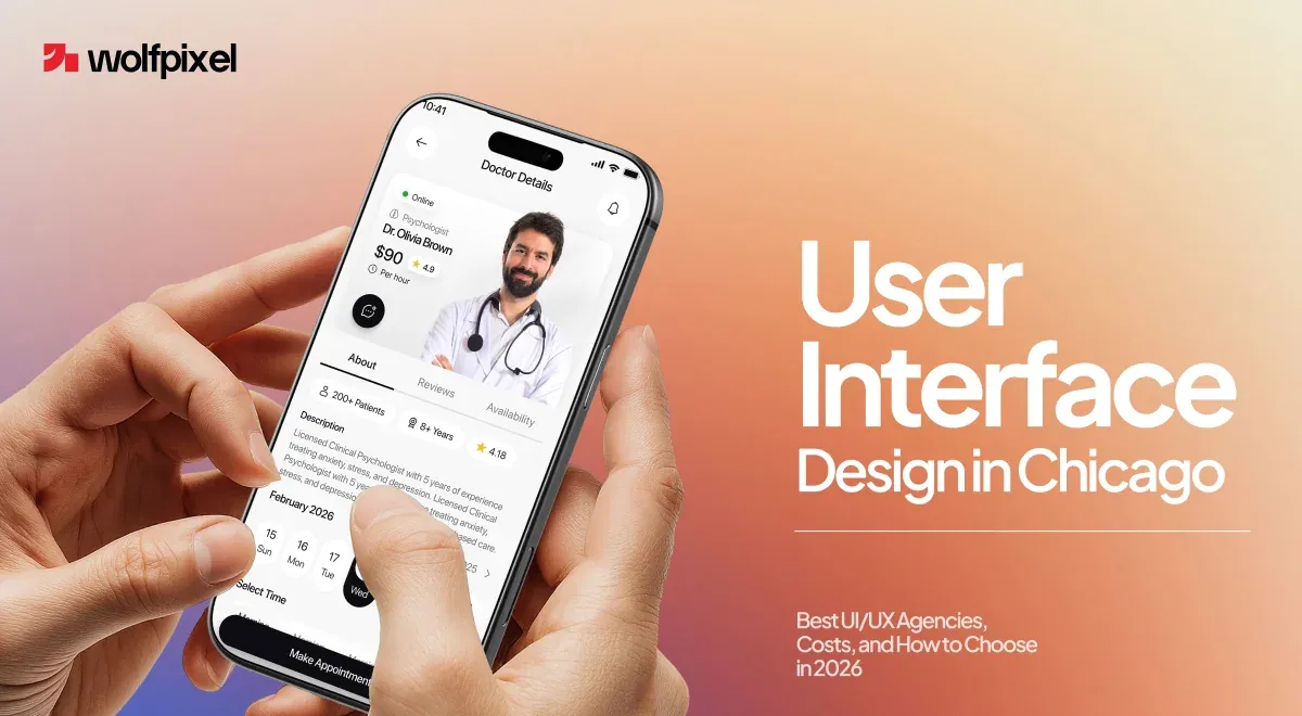 User Interface Design Chicago guide cover showing a mobile healthcare interface on a smartphone.