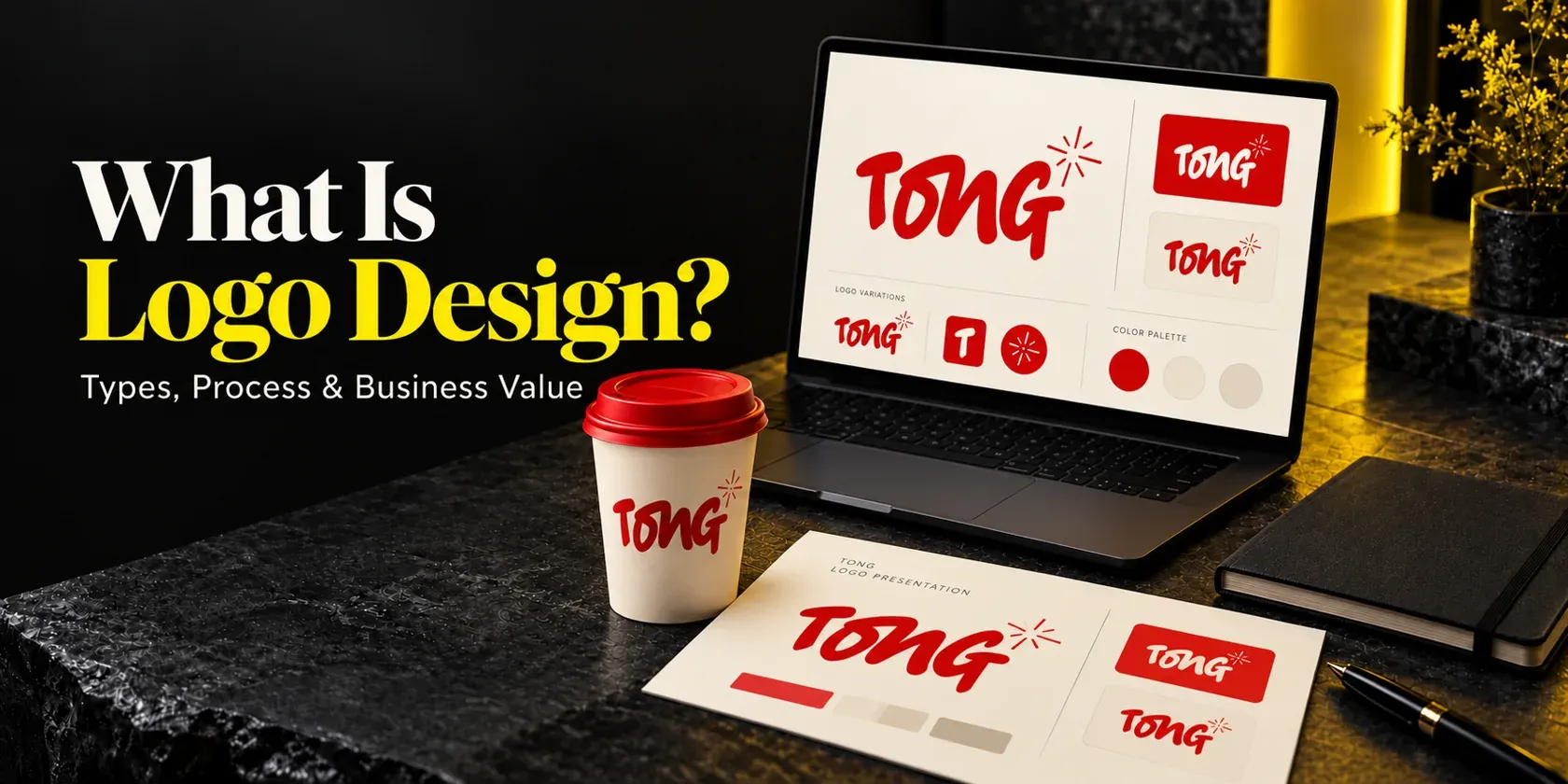 What Is Logo Design cover with a TONG coffee logo presentation and cup in Wolfpixel’s charcoal and yellow studio style.
