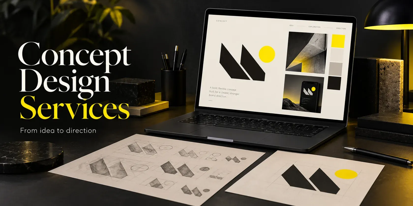 Concept design presentation on a laptop with geometric sketches in Wolfpixel yellow and charcoal branding.