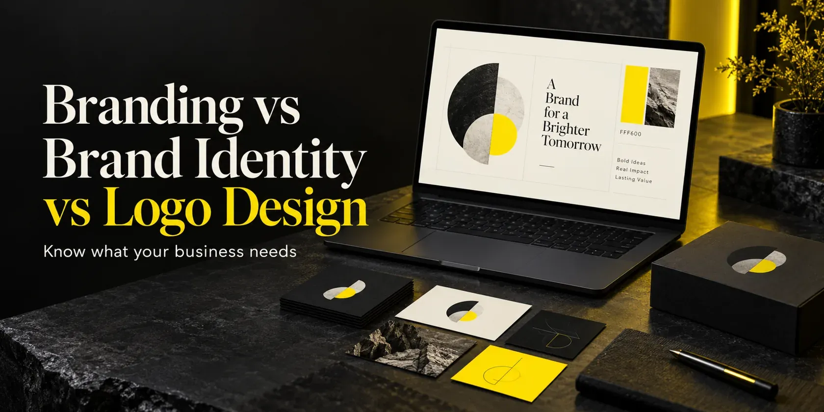 Branding and brand identity presentation on a laptop, with logo applications in Wolfpixel yellow and charcoal.