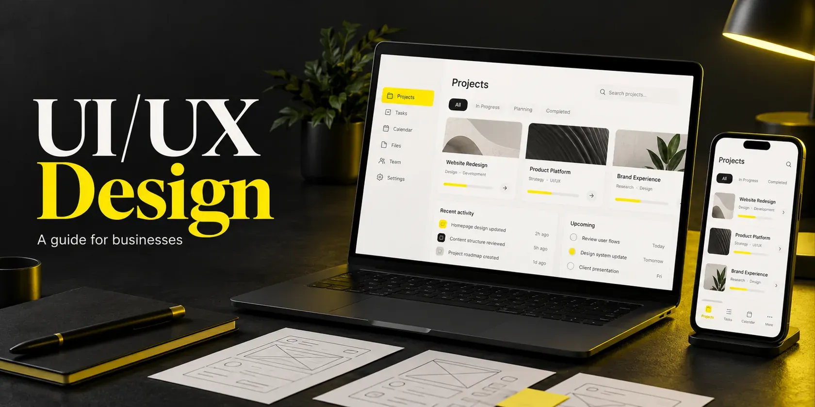 UI/UX design concept for businesses, with a laptop and phone showing a white and yellow product interface.