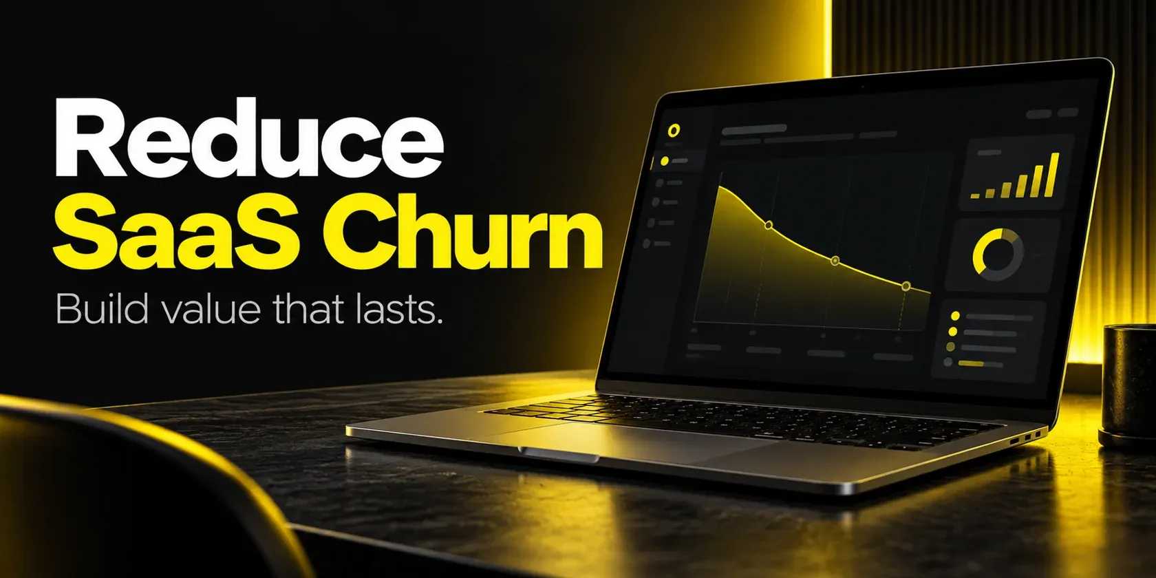 Illustrative SaaS dashboard on a laptop with a flattening retention curve against a black and yellow background