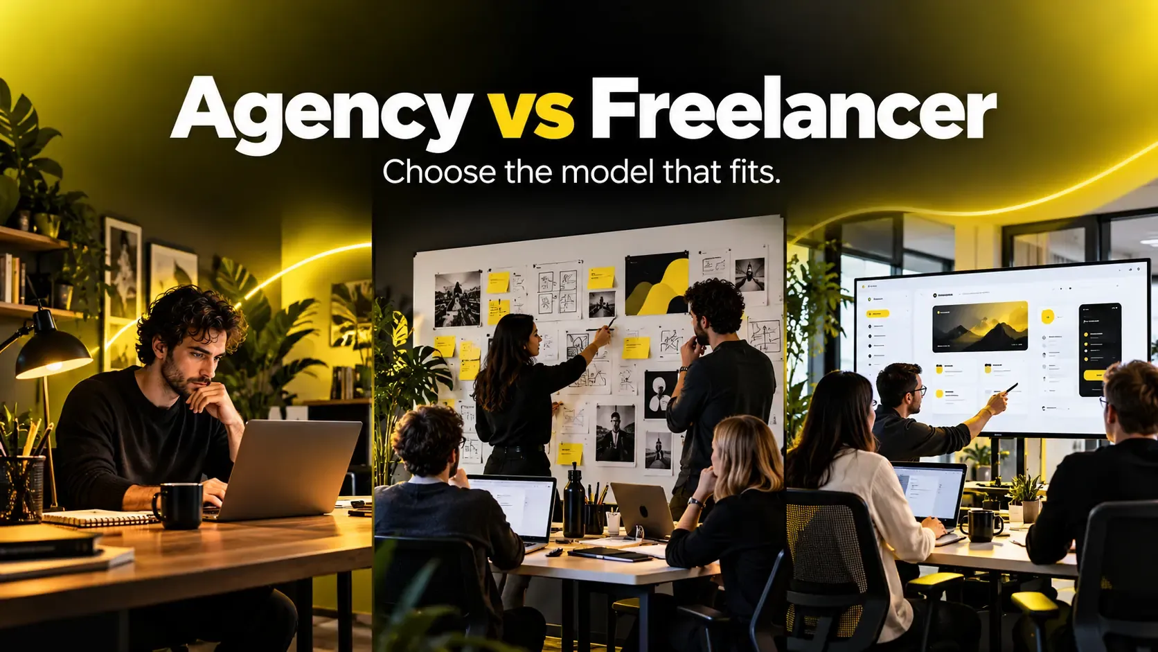 Freelancer design agency and in-house design team shown in equally weighted workspace scenes