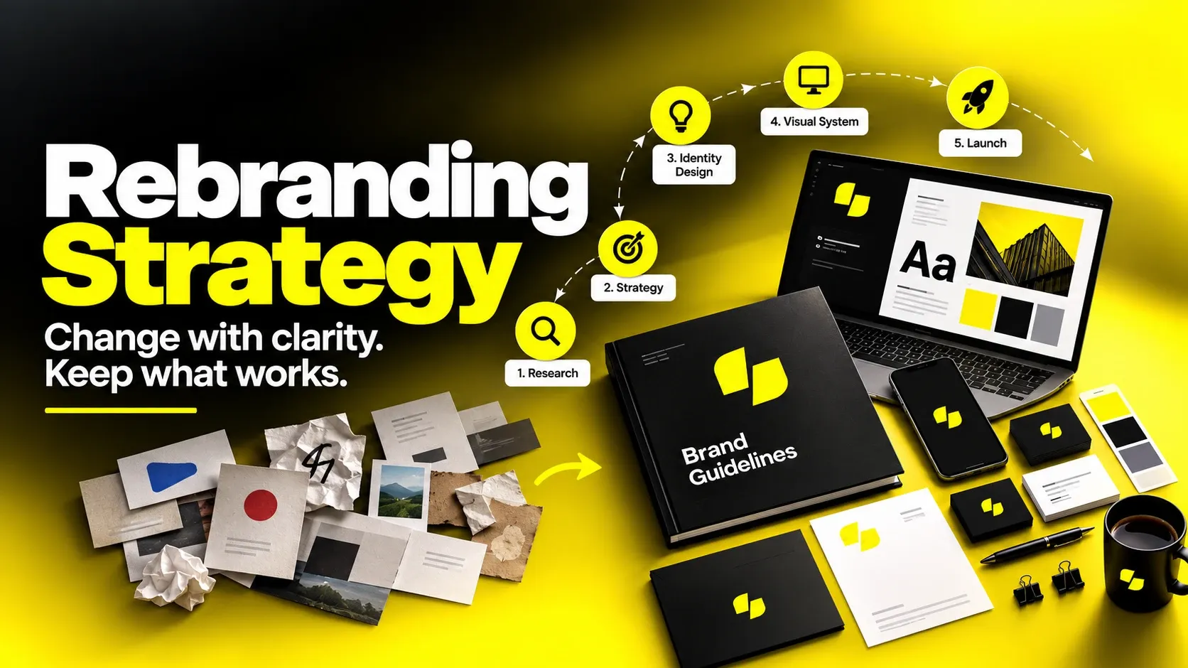 Black-and-yellow rebranding strategy hero showing inconsistent assets becoming a cohesive identity system