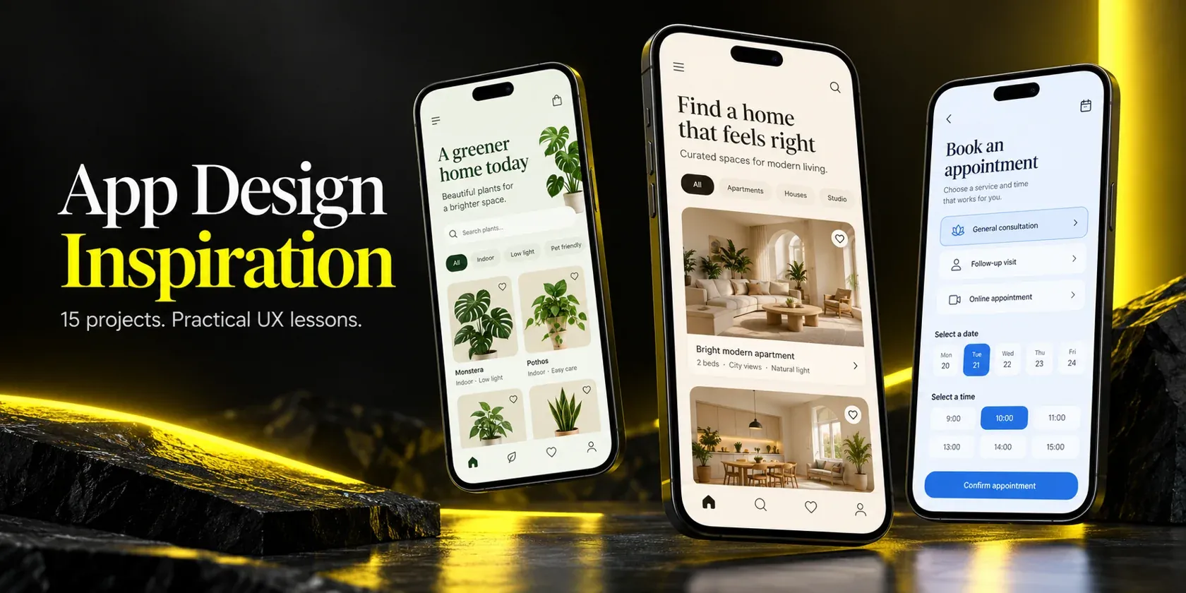 Illustrative mobile app design concepts for plant shopping, home discovery and appointment booking on a black and yellow background