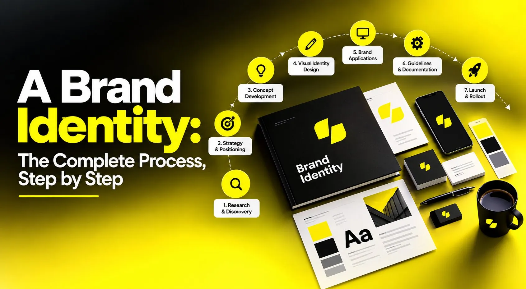 Complete brand identity system showing the seven-step process from research to launch with branded applications