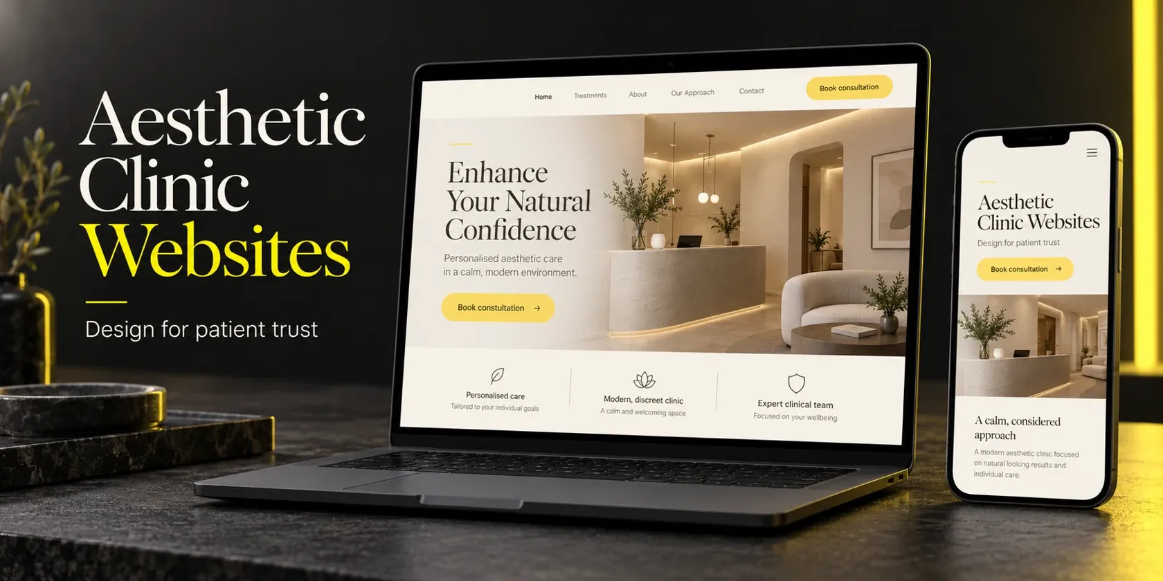 Aesthetic clinic website concept shown on a laptop and phone with yellow consultation buttons.