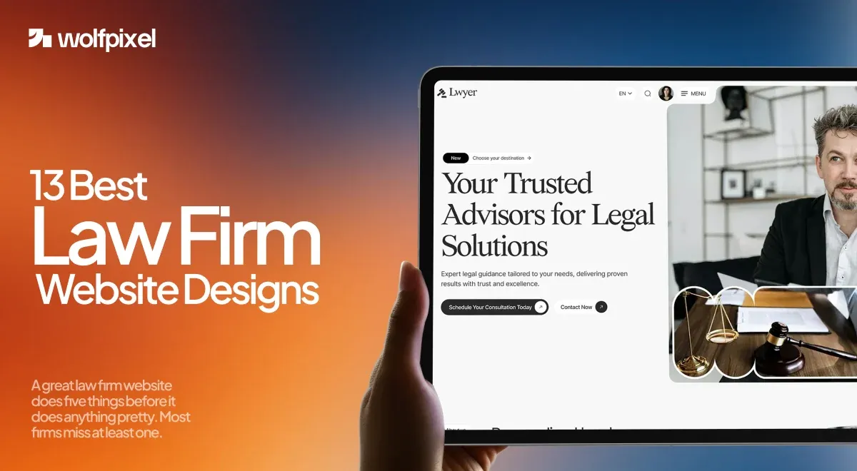 Law firm website design guide cover with a tablet displaying a sample attorney website.