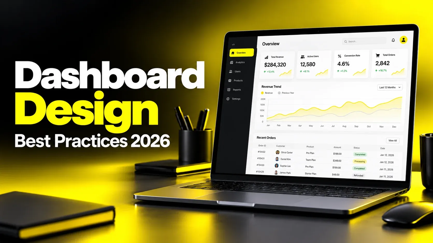 Black and yellow Dashboard Design Best Practices 2026 cover with a clean analytics dashboard on a laptop