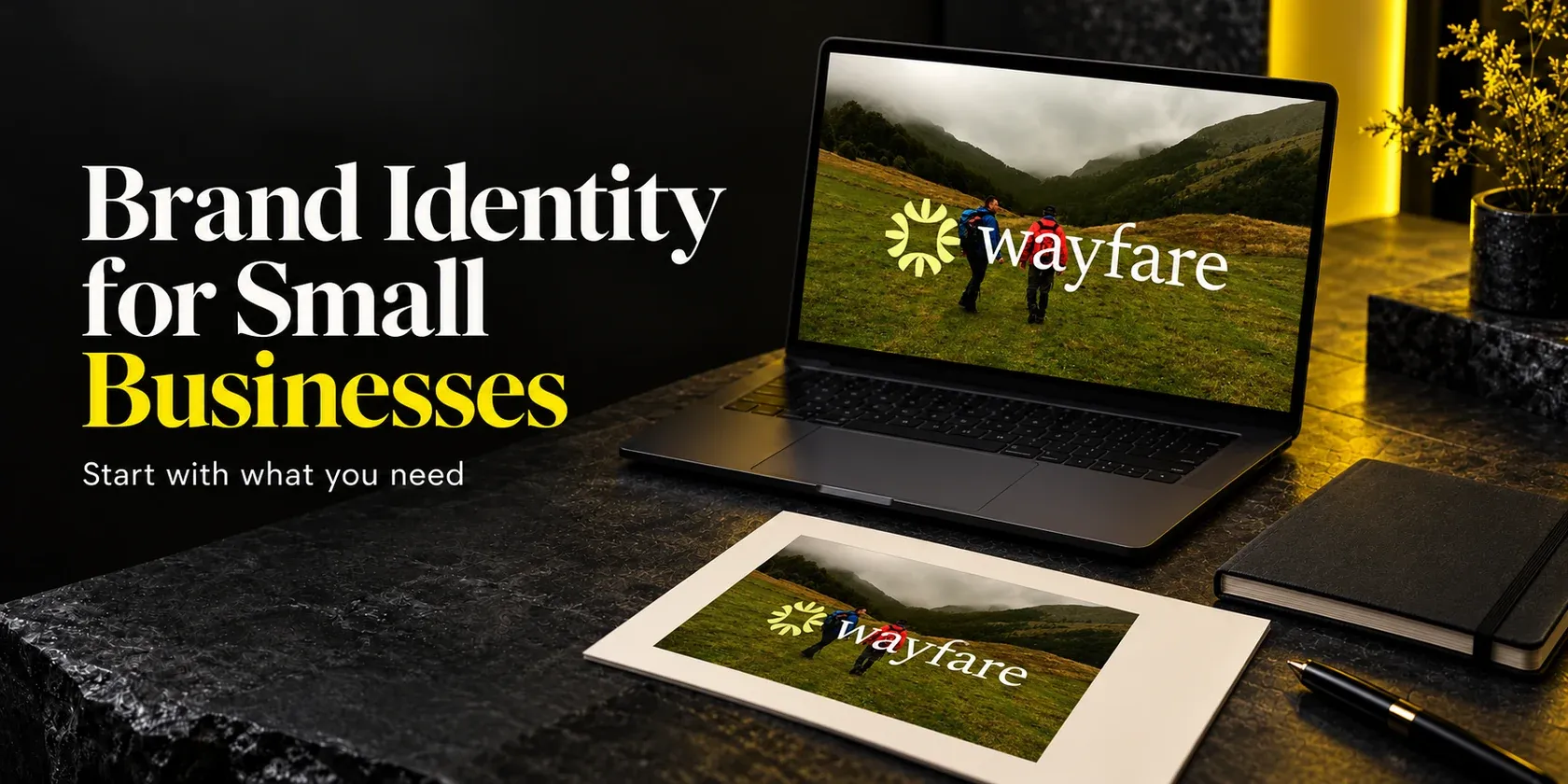 Wolfpixel’s Wayfare branding project displayed on a laptop and portfolio sheet in a charcoal and yellow studio scene.