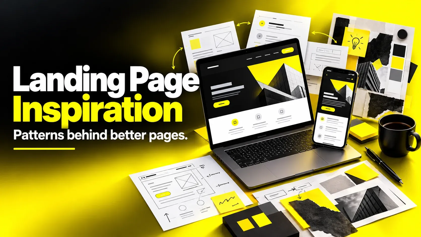 Black-and-yellow Landing Page Inspiration hero with laptop, mobile layout, wireframes, and reference boards