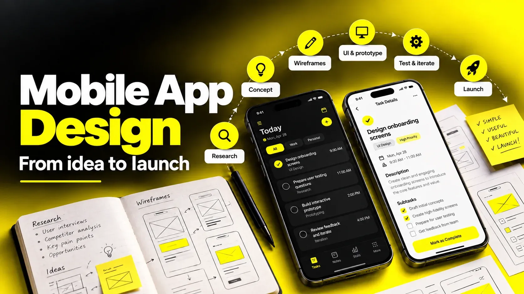 Mobile App Design hero with research notes, wireframes and black-and-yellow smartphone interfaces