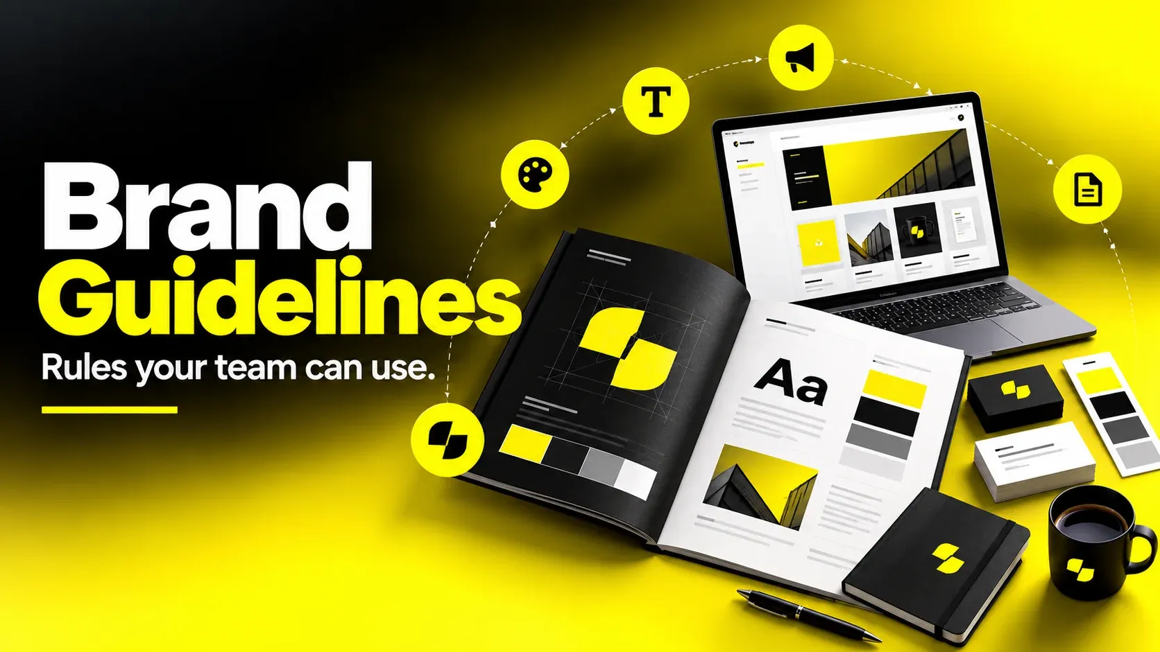 Black-and-yellow Brand Guidelines hero with an open brand manual, typography, palette, and asset portal