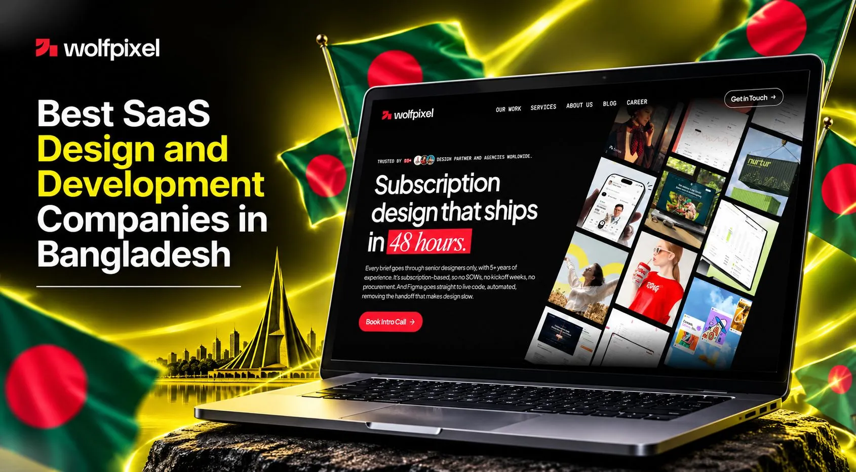 SaaS design agency in Bangladesh with laptop mockup and flags