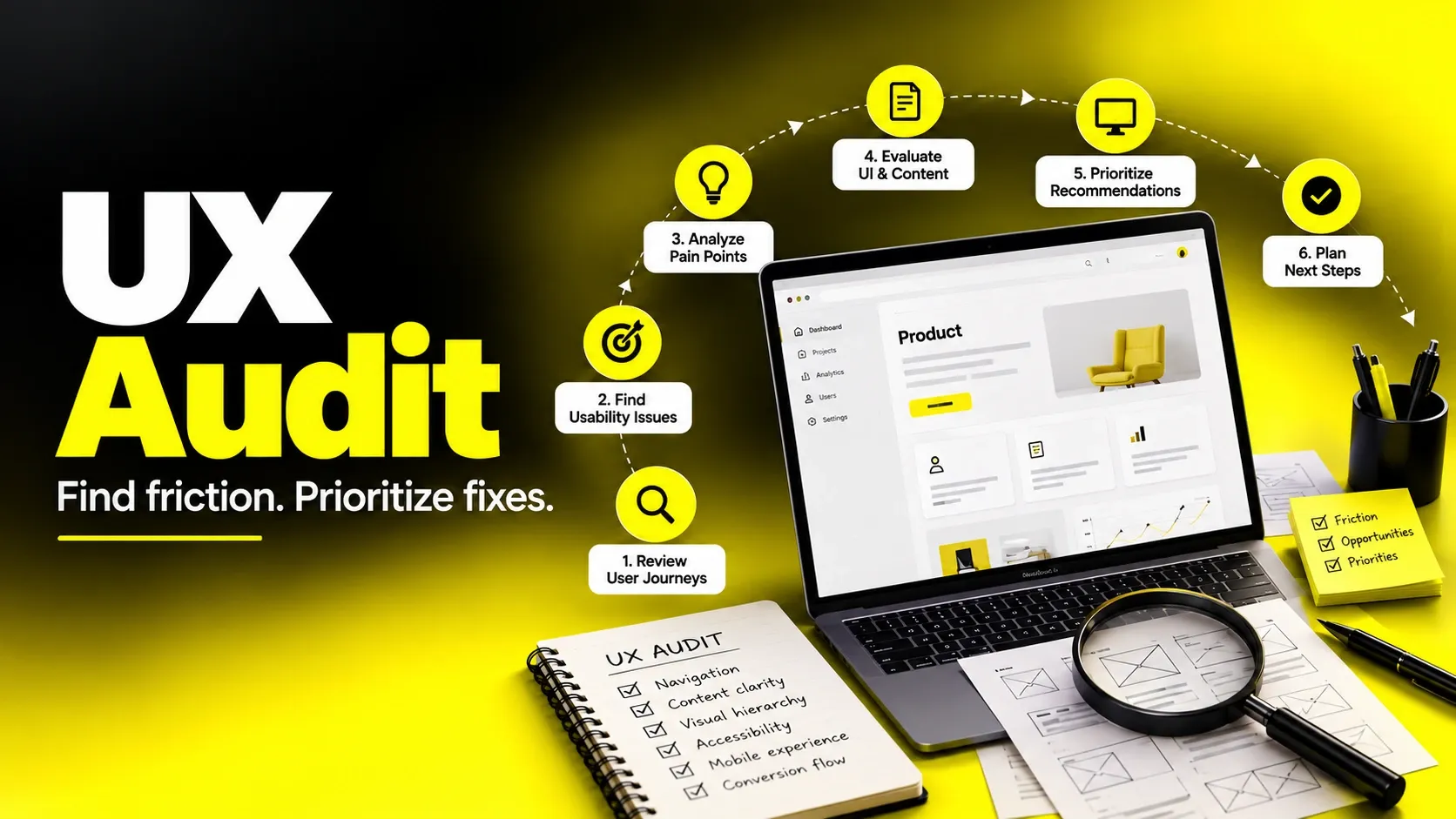 Black-and-yellow UX Audit hero with laptop, magnifying glass and usability checklist