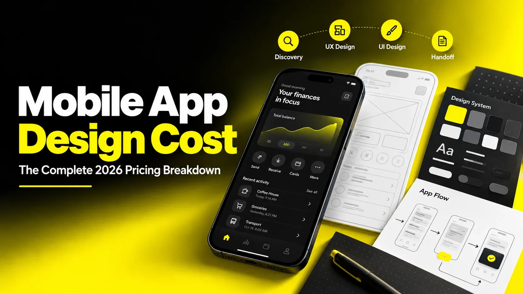 Mobile app design cost in 2026 illustrated with wireframes, app UI, design system and handoff stages