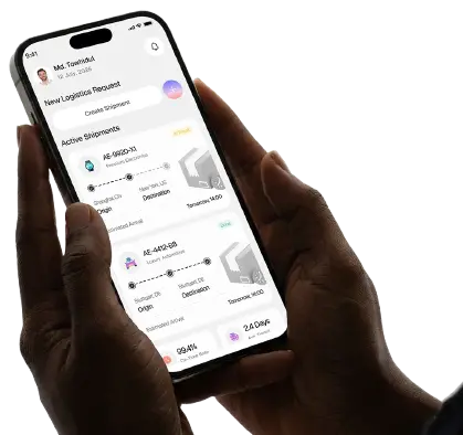 Logistics tracking app on a phone held in two hands