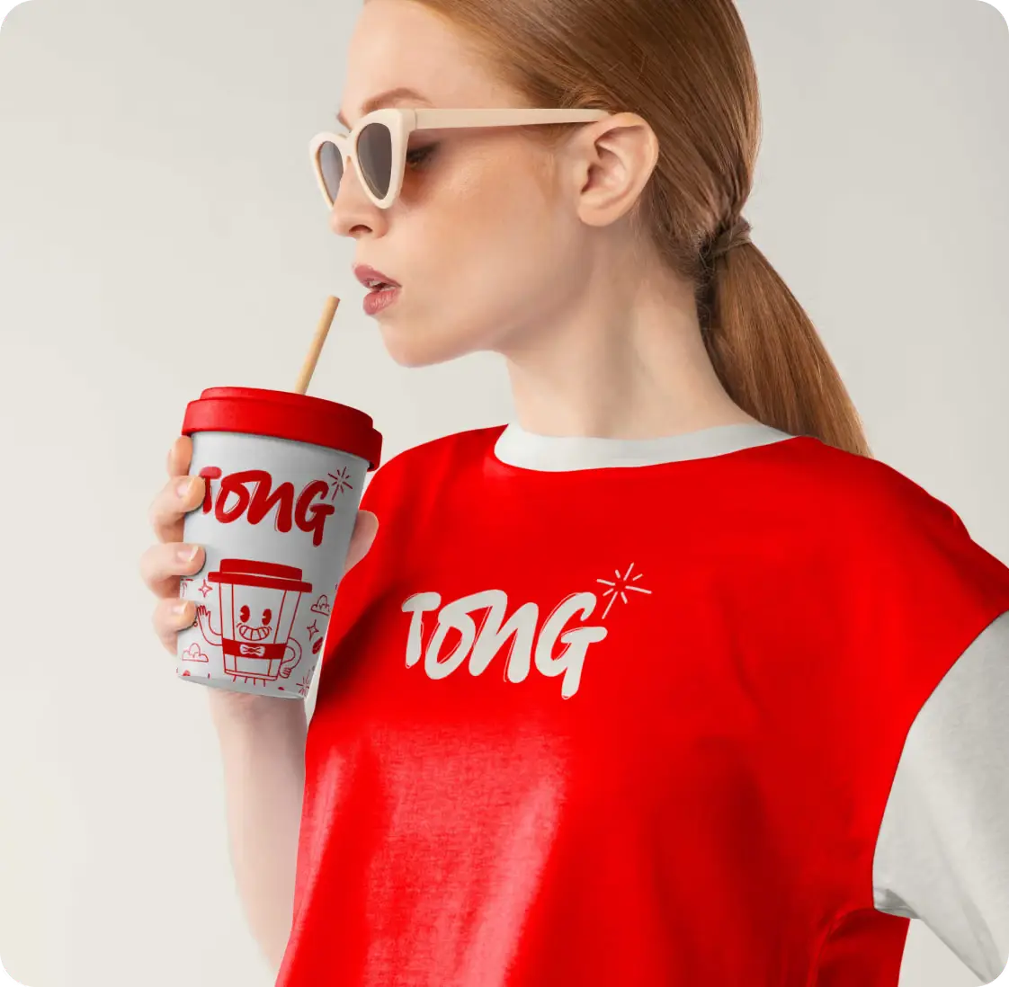 Tong brand logo on a cup and a red shirt