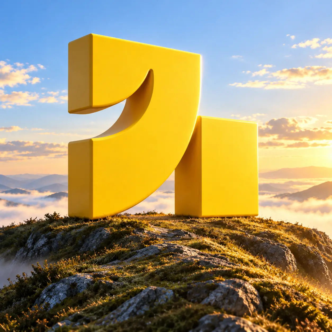 Giant yellow Wolfpixel mark standing on a mountain at sunrise