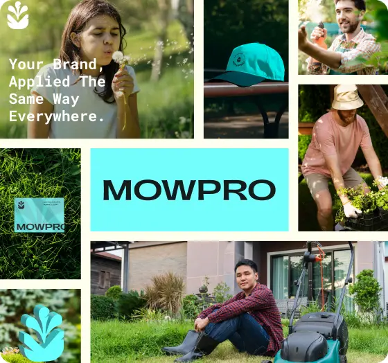 Mowpro brand guidelines collage applied across photos, signage and merch