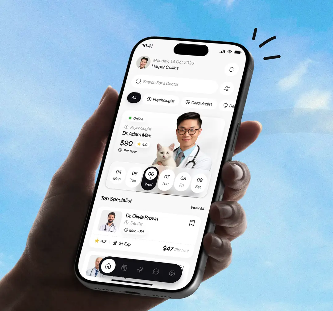 Doctor booking app interface on a phone