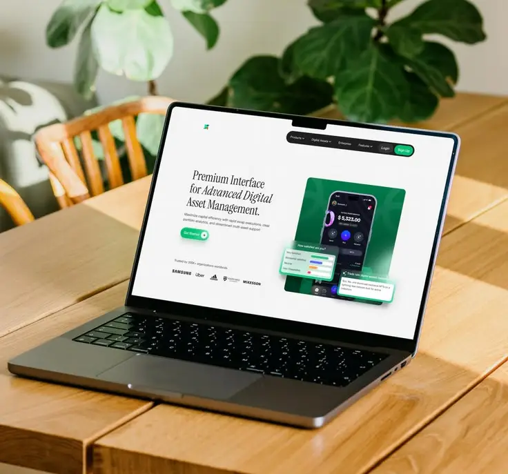 AI asset management product website on a laptop