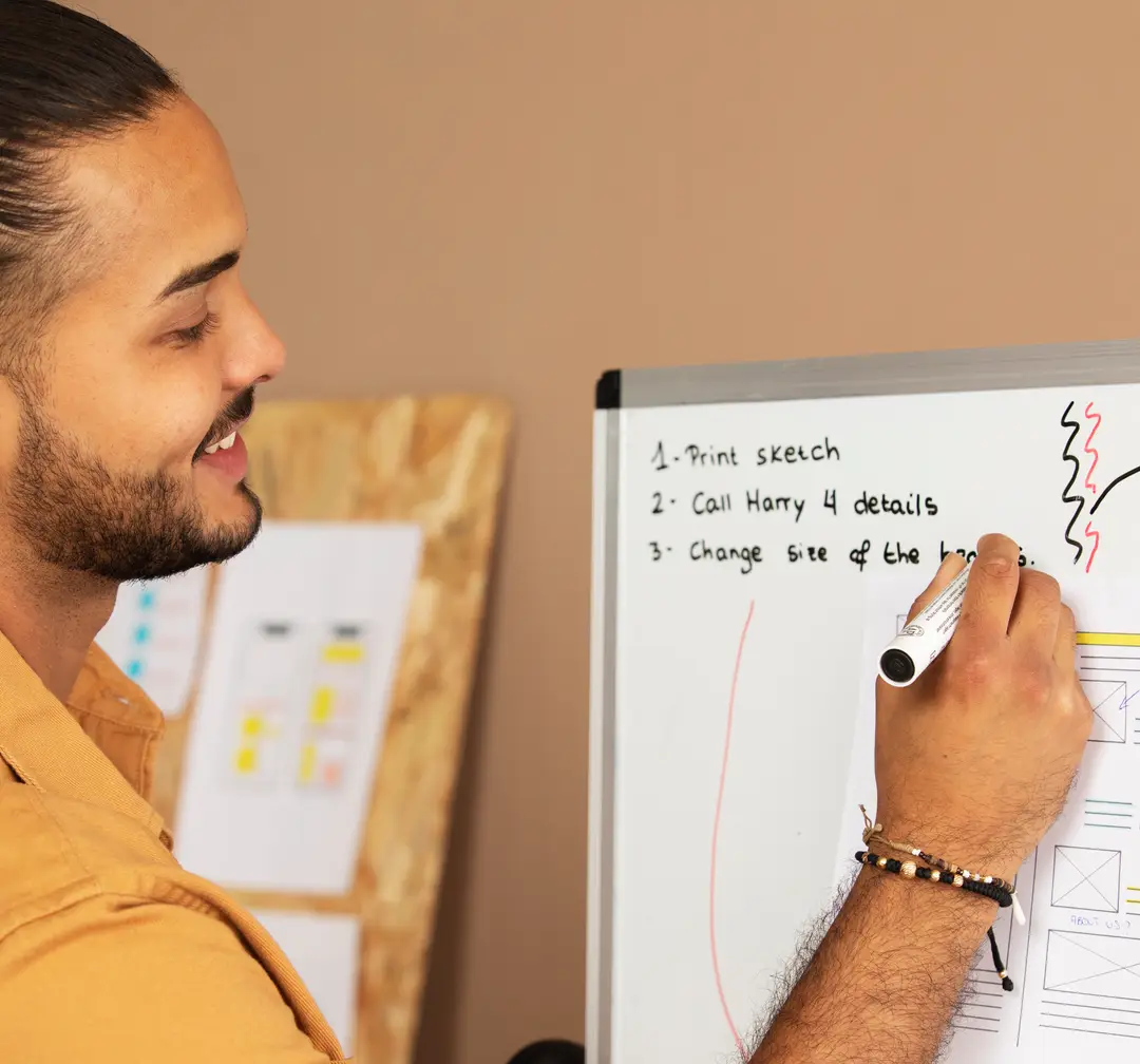 Designer mapping user research notes on a whiteboard