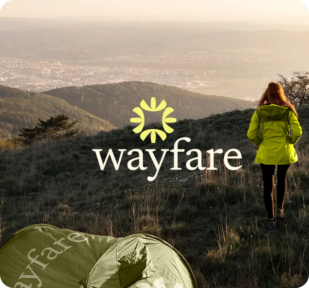 Wayfare brand identity on a hiking photo with a branded tent