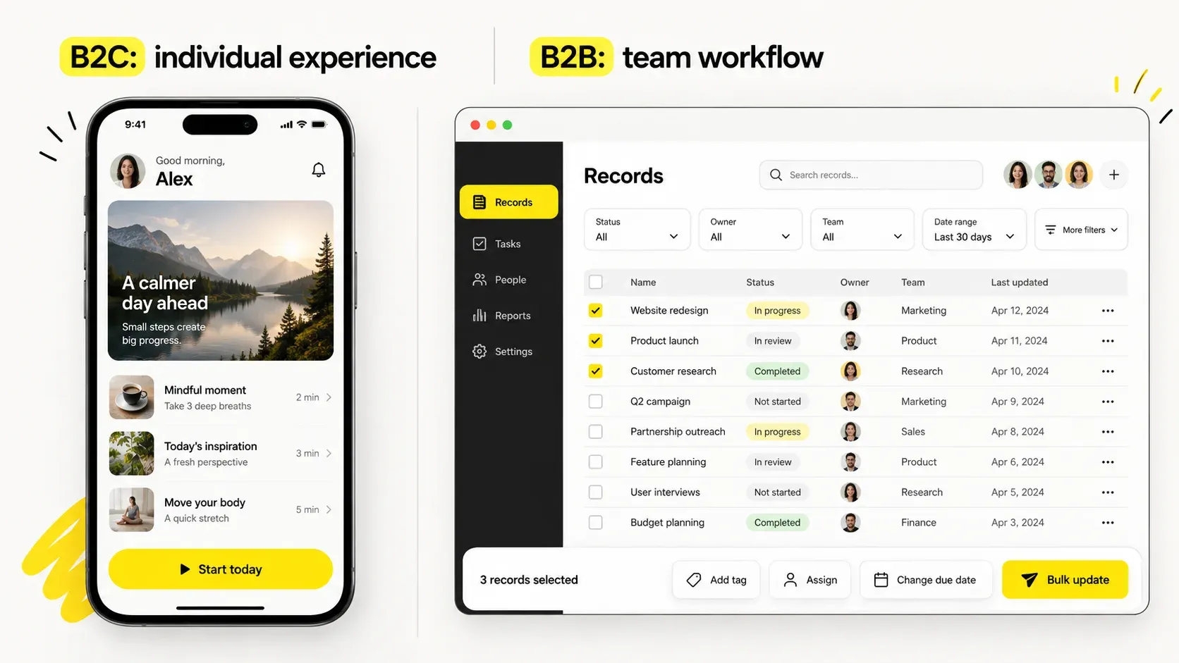 B2C versus B2B SaaS interface comparison