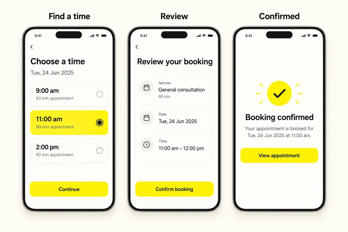 Illustrative mobile booking flow showing time selection, booking review and confirmed appointment screens.