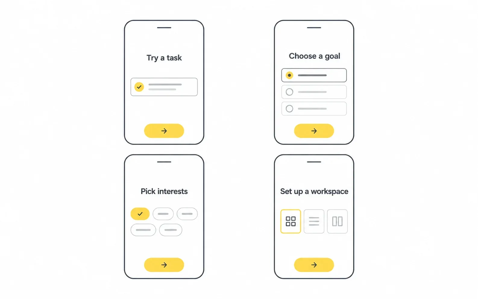 Four minimalist onboarding patterns showing first task goals interests and workspace setup