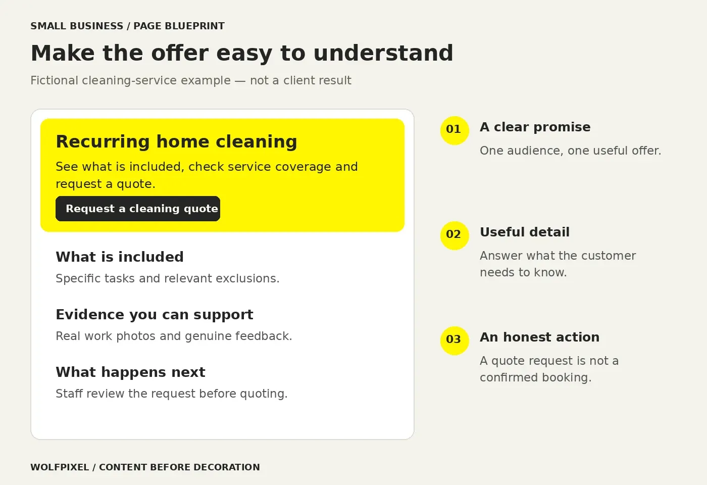 Illustrative small-business cleaning landing page with a clear offer, service details, relevant evidence and a quote-request action.