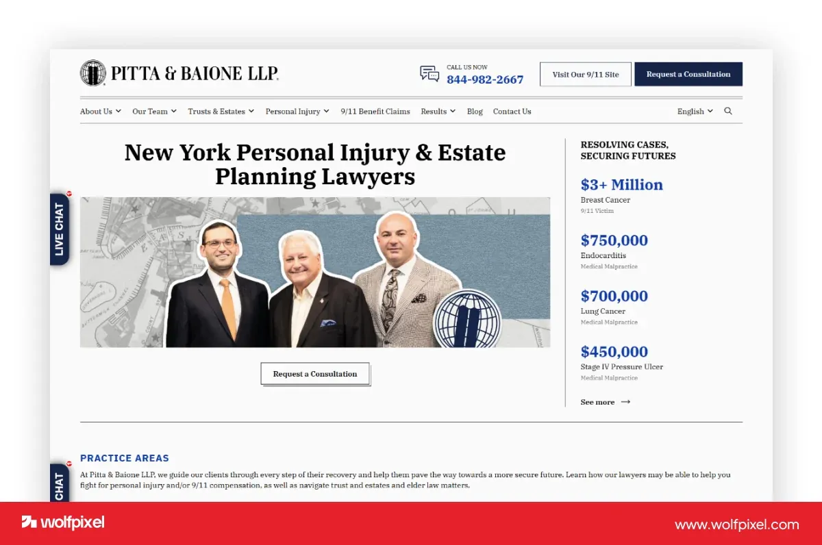 Pitta & Baione website screenshot with attorney portraits, a consultation button and a results column.