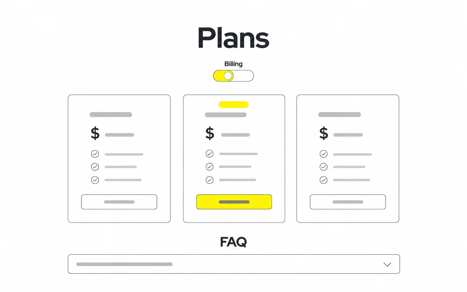 Minimal SaaS pricing page wireframe showing plan cards billing toggle and FAQ