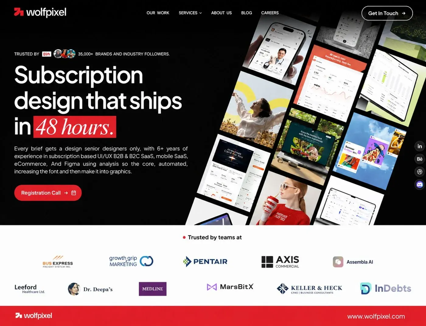 Wolfpixel website screenshot with a subscription-design headline and a collage of digital interface projects.