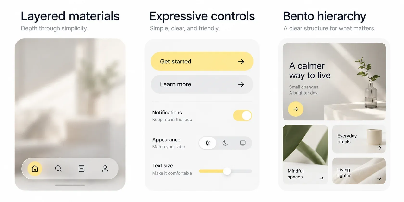 Illustrative mobile UI concepts comparing layered materials, expressive controls and bento hierarchy