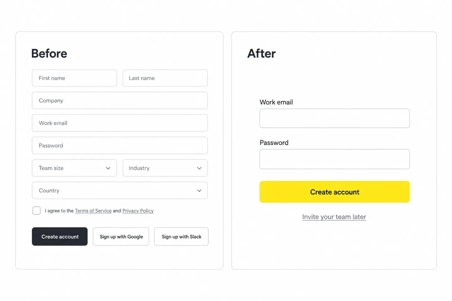 Illustrative comparison of a crowded signup form and a focused form with one primary action.