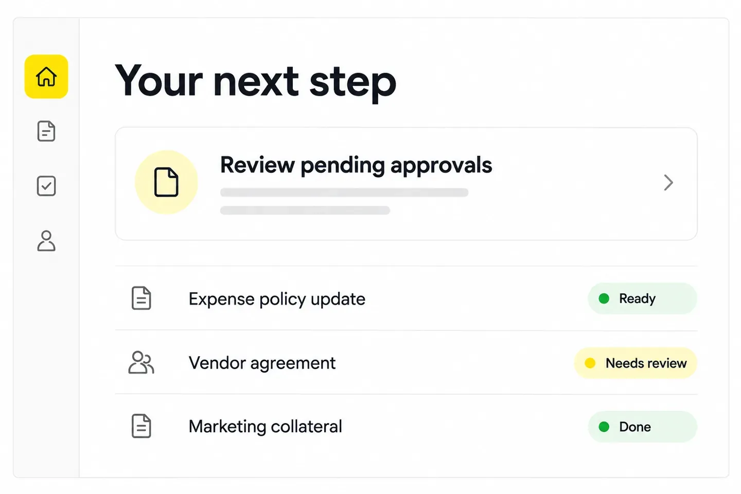 Illustrative dashboard prioritizing pending approvals and clear task statuses.