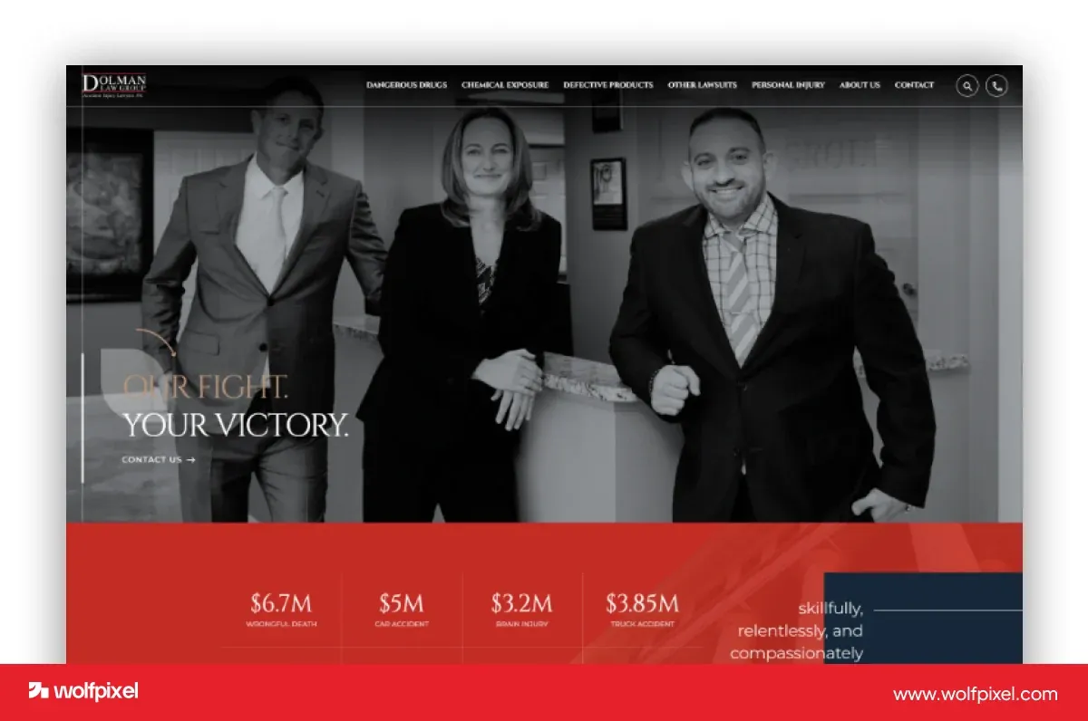 Dolman Law Group website screenshot with a monochrome team photograph, a large headline and a red results strip.